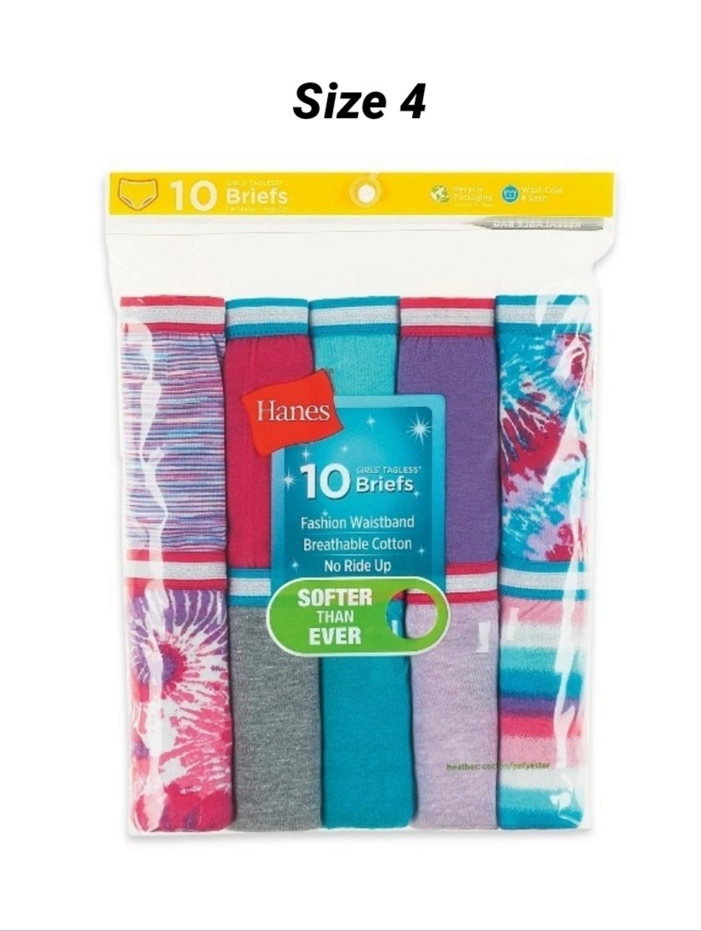 Girls Hanes Super Soft Cotton Tagless Briefs Underwear Pack 10 Pair Size 4 NEW